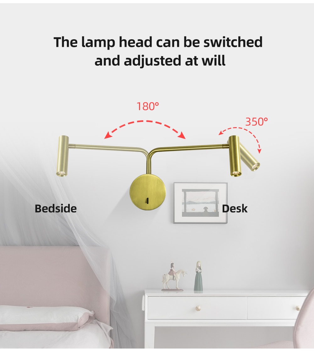 ZEROUNO led wall lights wall lamp arm swivel home modern decor bedroom switch LED 3W reading light bedside indoor home interior