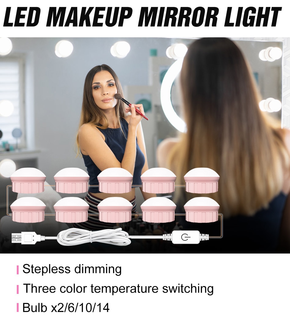 USB LED 12V Makeup Lamp Wall Light Beauty 3 Color LED Hollywood Vanity Mirror Light 2 6 10 14 Bulbs Kit For Dressing Table