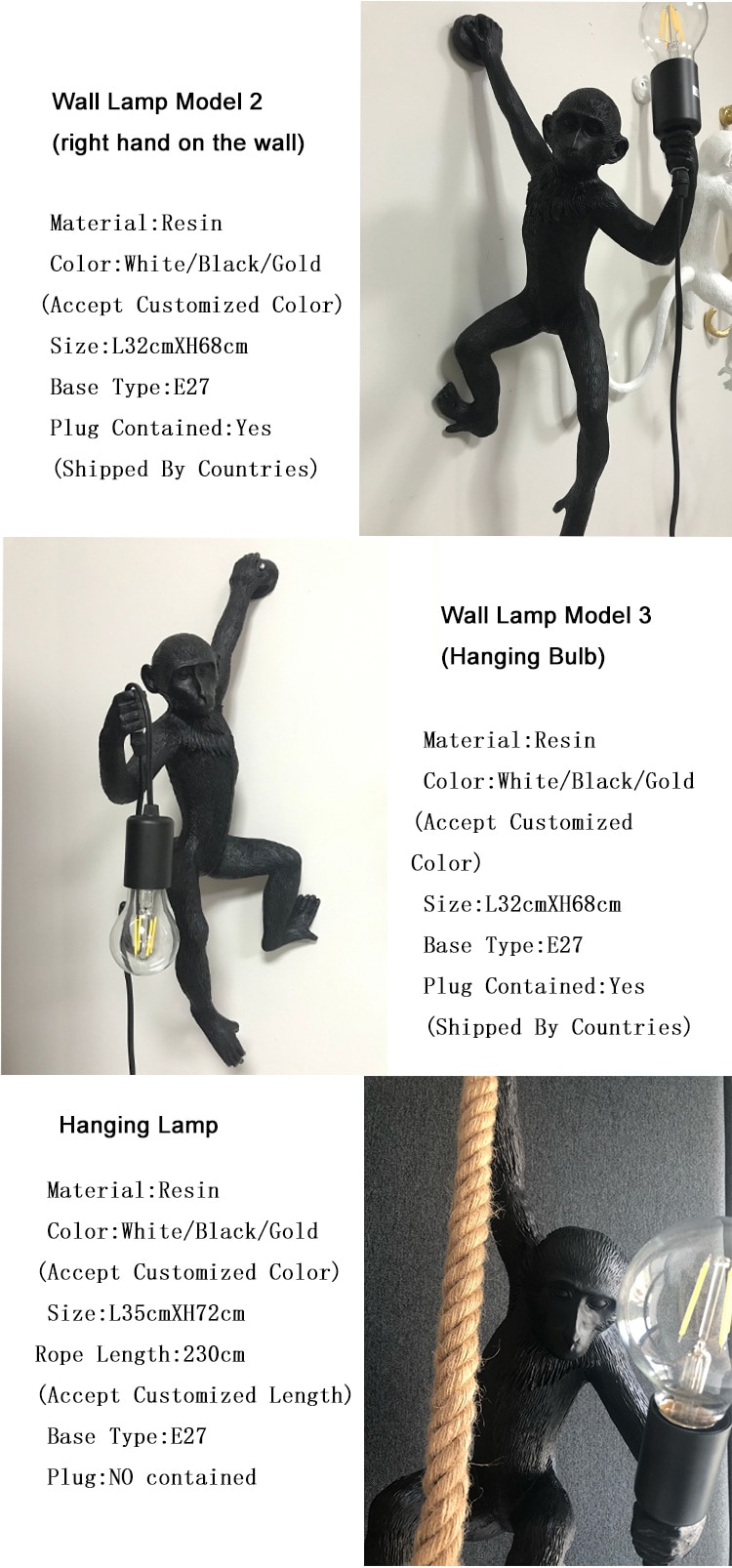Resin Black White Gold Monkey Lamp Pendant Light For Living Room Lamps Art Parlor Study Room Led Lights lustre With E27 Led Bulb