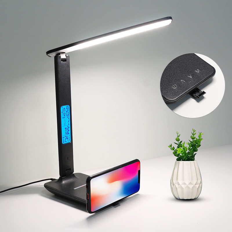 Hot QI Wireless Charging LED Desk Lamp 10W With Calendar Temperature Alarm Clock Eye Protect Reading Light Table Lamp LAOPAO