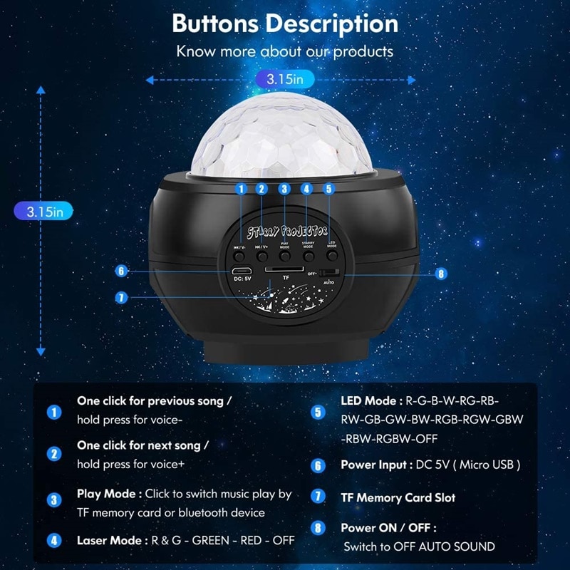 LED Starry Sky Projector Star Night Light Music Starry Water Wave LED Projector Light With Bluetooth Music Speaker Birthday Gift