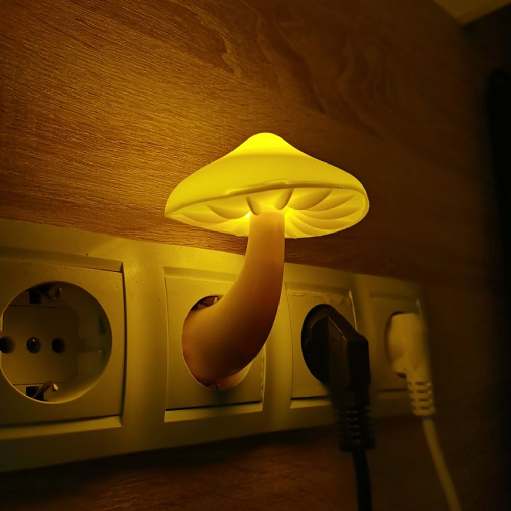 LED Night Light Mushroom Wall Socket Lamp EU US Plug Warm White Light-control Sensor Bedroom Light Home Decoration