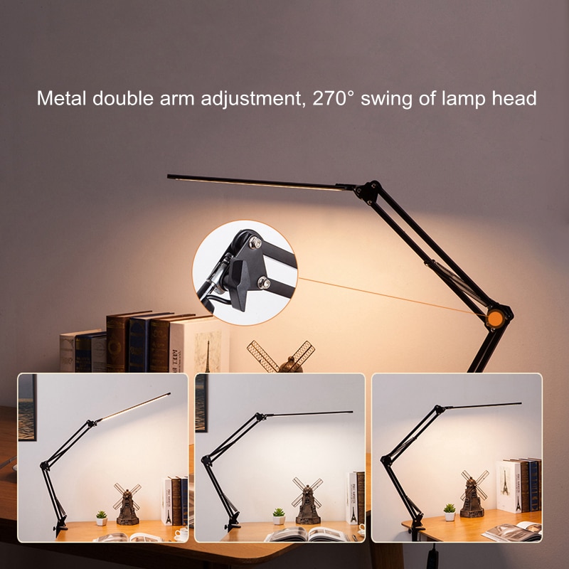 New LED Folding Metal Desk Lamp Clip on Light Clamp Long Arm Dimming Table Lamp 3 Colors For Living Room Reading Office Computer