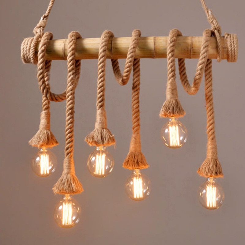 Vintage Rope bamboo Pendant Lights Personality Loft Lights Hemp Rope wood  lamp for Kitchen Cafe Bar Decor