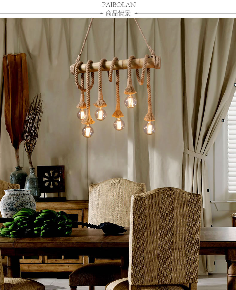 Vintage Rope bamboo Pendant Lights Personality Loft Lights Hemp Rope wood  lamp for Kitchen Cafe Bar Decor