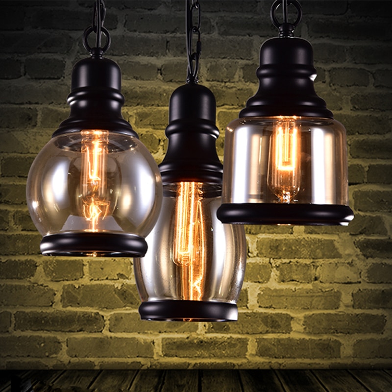 Vintage Loft Pendant Light Industrial Style Amber Glass Lamp Bar/Restaurant Retro Room Bar Bed Room 3 Style Pendant Light