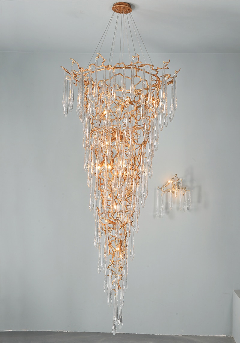 Phube Lighting Duplex Building Stair Crystal Chandelier Copper  Colored Glazed Chandeliers Water Drops Chandeliers Lustre
