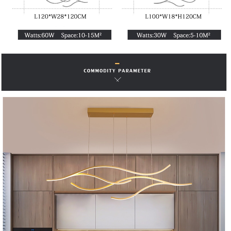 Gold Black LED Chandelier Lighting for Living room Kitchen Avize wave Lustre Avize LED Hanging cord Modern Pendant Chandelier