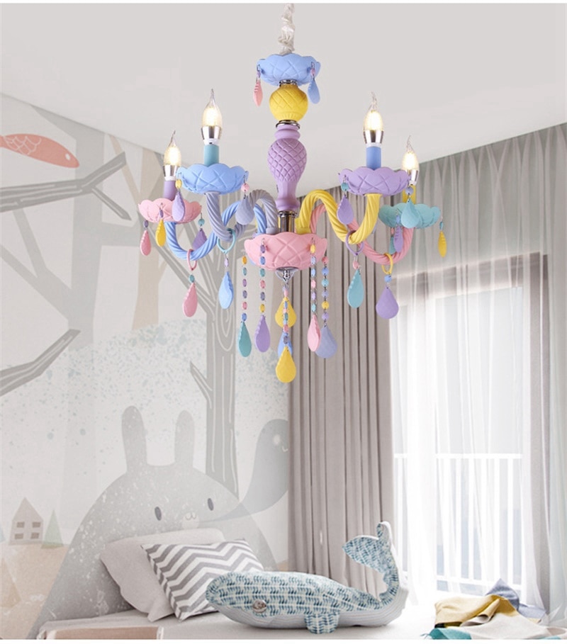 Crystal Chandelier European Children Macaron LED Chandelier Rainbow Candle Chandelier for Bedroom Colorful Indoor Lighting