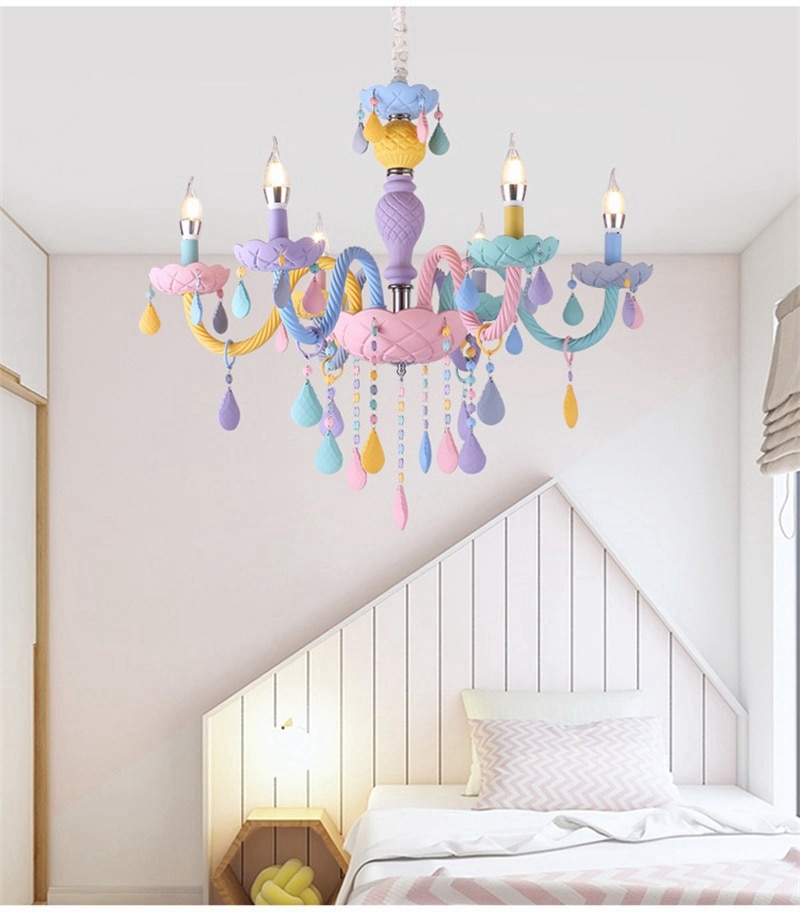 Crystal Chandelier European Children Macaron LED Chandelier Rainbow Candle Chandelier for Bedroom Colorful Indoor Lighting