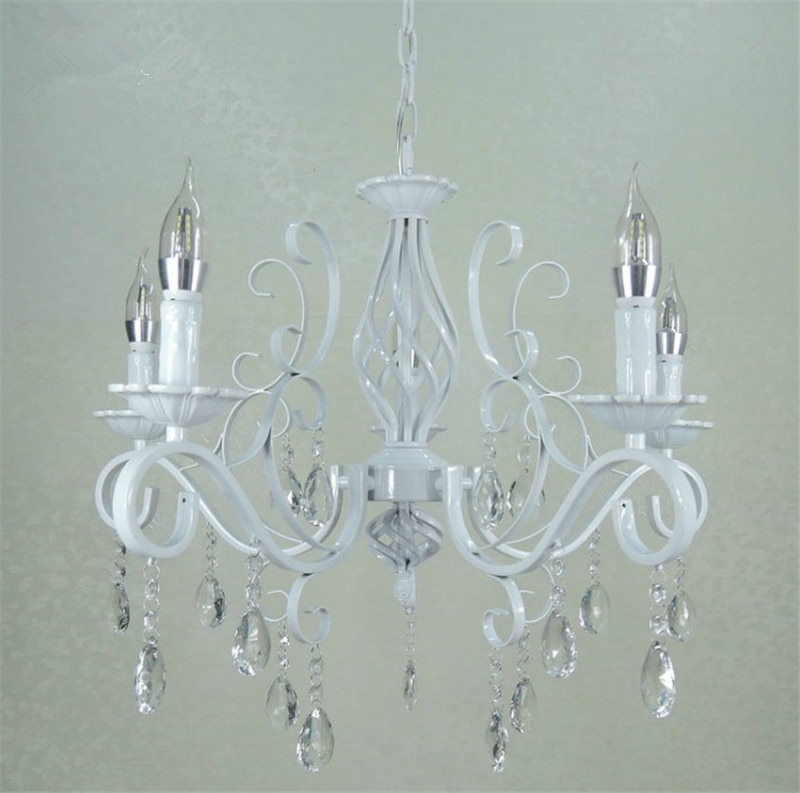 Vintage Wrought Iron Crystal Chandelier E14 Candle Lights Lighting Fixture Retro White Metal Crystal Ceiling Lamp