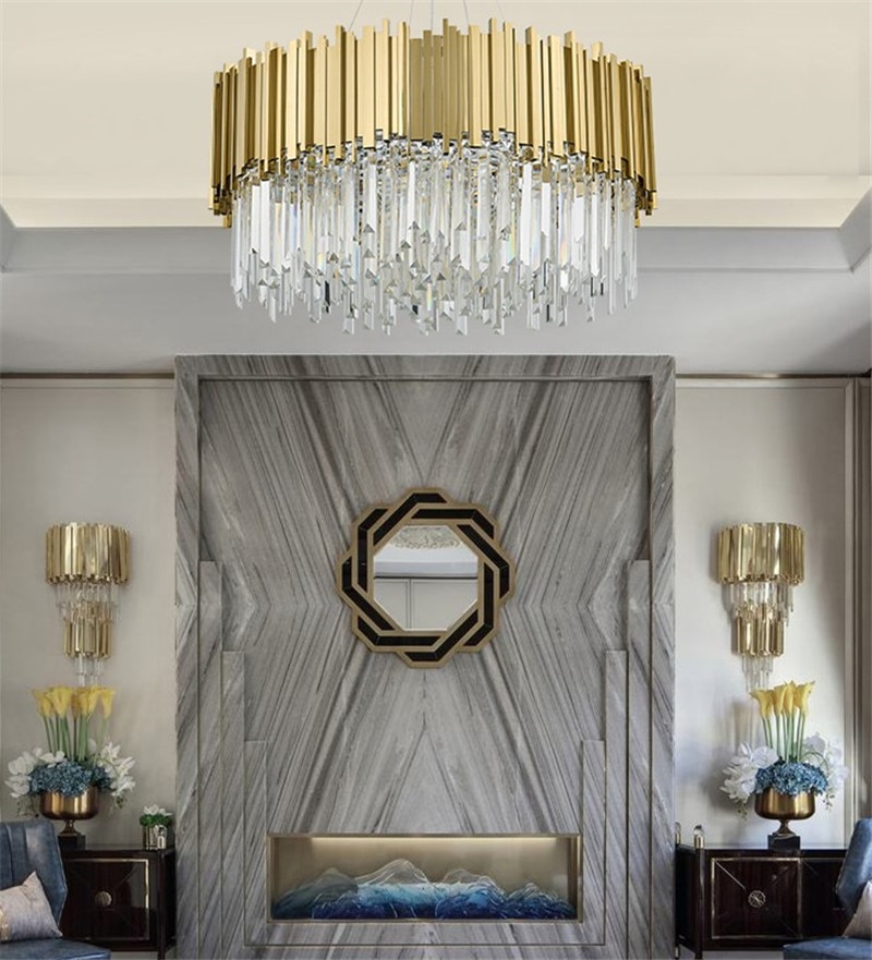 Living Room Luxury Gold Steel K9 Crystal Led Pendant Chandelier Luminaria Hanging Lamp Indoor Lighting Lamparas Fixture